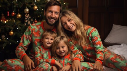 Poster - A man and woman and two children sitting near christmas tree  in matching pajamas