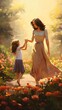 A painting of a mother and daughter walking through a garden
