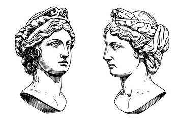 Сracked statue head of greek sculpture hand drawn engraving style sketch. Vector illustration. Image for print, tattoo, and your design.