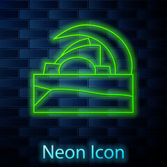 Sticker - Glowing neon line Concert hall Auditorio de Tenerife icon isolated on brick wall background. Santa Cruz de Tenerife, Spain. Vector