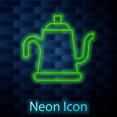 Poster - Glowing neon line Watering can icon isolated on brick wall background. Irrigation symbol. Vector