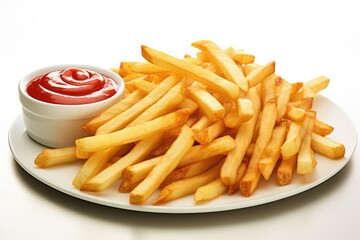 Wall Mural - Heap of yummy french fries in plate with ketchup isolated on white background