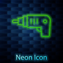 Wall Mural - Glowing neon line Electric cordless screwdriver icon isolated on brick wall background. Electric drill machine. Repair tool. Vector