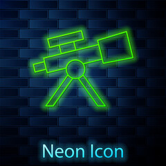 Sticker - Glowing neon line Telescope icon isolated on brick wall background. Scientific tool. Education and astronomy element, spyglass and study stars. Vector