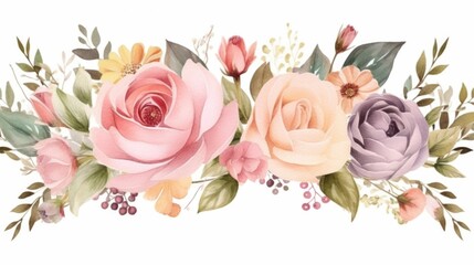 Wall Mural - Beautiful vector watercolor summer border with rose flowers and leaves.