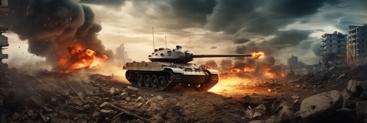 Wall Mural - Desert combat with a battle tank that supports the army on the advance for tactical war.