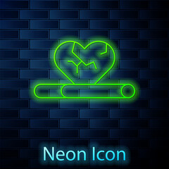 Wall Mural - Glowing neon line Heart disease and death caused with smoking icon isolated on brick wall background. Vector