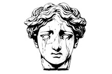 Сracked Statue Head Of Greek Sculpture Hand Drawn Engraving Style Sketch. Vector Illustration. Image For Print, Tattoo, And Your Design.
