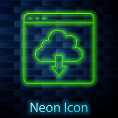 Wall Mural - Glowing neon line Cloud download icon isolated on brick wall background. Vector