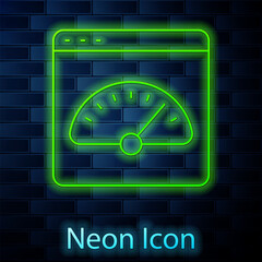 Wall Mural - Glowing neon line Digital speed meter icon isolated on brick wall background. Global network high speed connection data rate technology. Vector