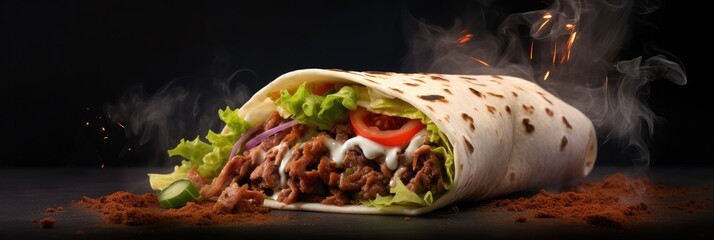 Wall Mural - Fresh grilled doner wrap roll hot ready to serve and eat.