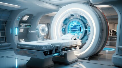 interior of a medical bay with treatment bed and various healthcare equipment and medicines at moder