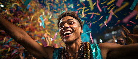 Beautiful young man samba dancers performing in carnival costume . Concert, Festive time, dance, party and sexy with a male dance group at a celebration in Rio de Janeiro. Generative ai