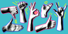 Set Of Retro Halftone Hands. Paper Cutout Elements With Hands Gesture. Y2K Style. Trendy Vintage Newspaper Parts. Torn Paper. Halftone Collage Elements. Dotted Pop Art Style. Like, Punk, Ok Symbol