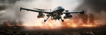 Generic Unmanned Aerial Vehicle Drone Launching Missiles To Military Target At War Zone, Tactical War.