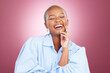 © Joanrae P/peopleimages.com - Makeup, laugh or happy black woman with beauty or smile in studio isolated on purple background. Face dermatology, funny person or natural African model with glow, skincare cosmetics or wellness