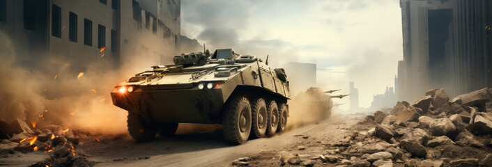 Military patrol car at war zone, Army war concept, Armored vehicle with soldiers ready to attack.