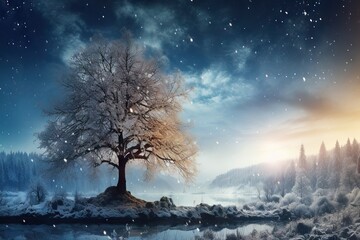 Wall Mural - late tree beautiful evening snowfall landscape winter