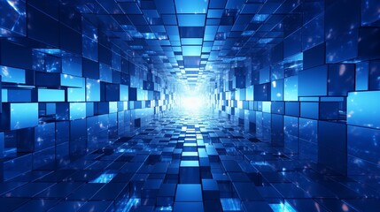 Wall Mural - Perspective view of mosaic of many metallic blue stacked cubes , abstract tech style background, infinity concept.
