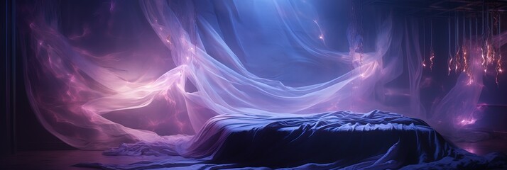 Interior Design of a Magical Bedroom full of Fog. Weird Dreams. Purple & Pink Mystical Lighting