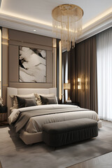 Art-deco style bedroom interior with modern bed in luxury house.