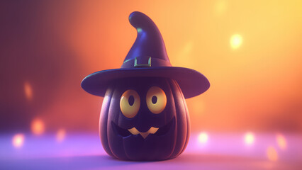 Wall Mural - 3d cute mascot cartoon character Jack O Lantern pumpkin with witches hat, coffin, zombie, bat, isolated on pastel blurred background, design for greeting card, halloween theme