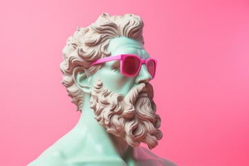 Wall Mural - Greek sculpture of the god Zeus wearing rose-colored glasses on a pink background.