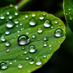 Canvas Print - Large beautiful drops of transparent rain water on a green leaf macro. Drops of dew in the morning glow in the sun. Beautiful leaf texture in nature