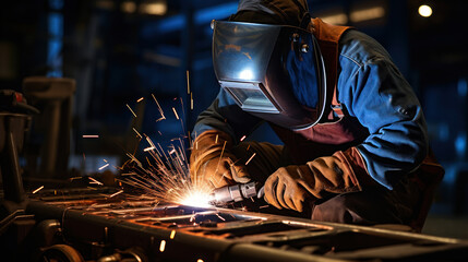 Welding work in a factory, a male welder welds steel