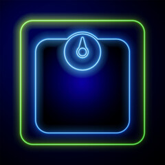 Wall Mural - Glowing neon Bathroom scales icon isolated on blue background. Weight measure Equipment. Weight Scale fitness sport concept. Vector