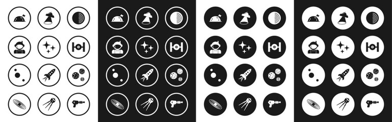 Sticker - Set Earth structure, Falling star, Astronaut, Planet with flag, Cosmic ship, UFO flying spaceship, and Solar system icon. Vector