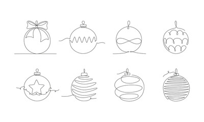 Christmas ball set ,continues one single line hand drawing sketch. Vector stock illustration isolated on white background for design template winter holiday banner, card, invitation. Editable stroke. 