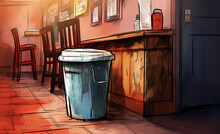 An Aluminum Trash Can Illustration, Inside Bar Or Restaurant Scene