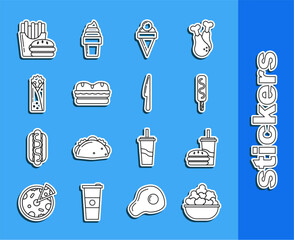 Sticker - Set line Popcorn in bowl, Paper glass with drinking straw and burger, Ice cream, waffle cone, Sandwich, Doner kebab, Burger french fries carton package box and Knife icon. Vector