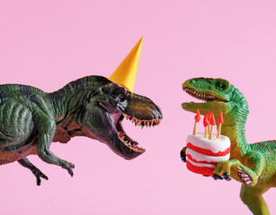 Cute happy green dinosaurs in birthday hats holding cake with flaming candles on pastel pink background. Copy space. Minimal art birthday card idea.