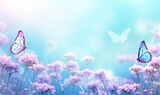 Fototapeta Natura - Floral spring natural blue background with fluffy airy lilac flowers on meadow and fluttering butterflies on blue sky background. Dreamy gentle air artistic image. Soft, Generative AI