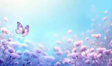 Floral Spring Natural Blue Background With Fluffy Airy Lilac Flowers On Meadow And Fluttering Butterflies On Blue Sky Background. Dreamy Gentle Air Artistic Image. Soft, Generative AI