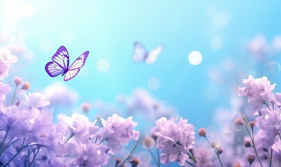 Wall Mural - Floral spring natural blue background with fluffy airy lilac flowers on meadow and fluttering butterflies on blue sky background. Dreamy gentle air artistic image. Soft, Generative AI