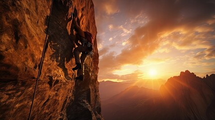 Wall Mural - extream sport A person climbing a rock face at sunset young man climb cliff moutain extream sport activity risk lifestyle nature mountain and beautiful sunset sky background