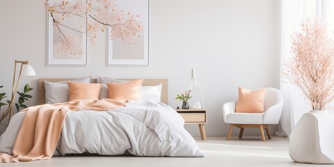 Wall Mural - AI Generated. AI Generative. Cozy interior architecture bedroom in soft light colors. Can be used for hotel or house presentation mock up