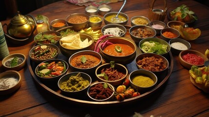 Wall Mural - many kinds of India food on wooden table