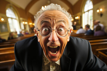 Stunning elderly pastor in awe witnessing a divine miracle, with church pews background, emoting faith and reverence.