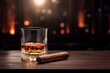 © Ivan - A glass with whiskey and a cigar next to it on a beautiful wooden table with a beautiful background with space for inscriptions or text.generative ai