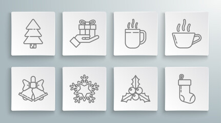 Canvas Print - Set line Merry Christmas ringing bell, Gift box hand, Snowflake, Branch viburnum or guelder rose, stocking, Coffee cup, and tree icon. Vector