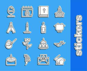 Sticker - Set line Easter rabbit, Peace dove with olive branch, Egg in hot pot, Holy bible book, Burning candle candlestick, Hands praying position, Chicken egg stand and Bottle of wine icon. Vector