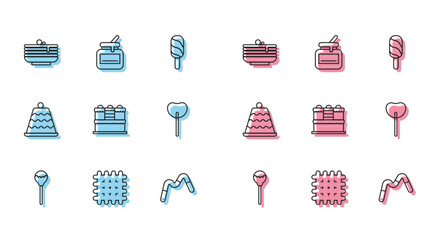 Sticker - Set line Lollipop, Cracker biscuit, Stack of pancakes, Jelly worms candy, Cake, and Jar honey icon. Vector