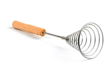 Close-up Of Old Retro Whisk Kitchen Tool On White Background. Side View.