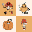 Autumn retro collection 30s cartoon mascot characters. Pumpkins, mushrooms elements. 50s, 60s old animation style. Vintage comic fall season vintage vector. Cheerful, happy emotions. Isolated