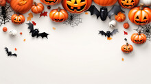 Beautiful Halloween White Background With Pumpkins, Space For Text, Inscriptions Or Logos.generative Ai
