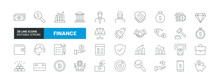 Set Of 36 Finance Line Icons Set. Finance Outline Icons With Editable Stroke Collection. Includes Bank, Money, Coins, Bitcoin, Currency Exchange And More.